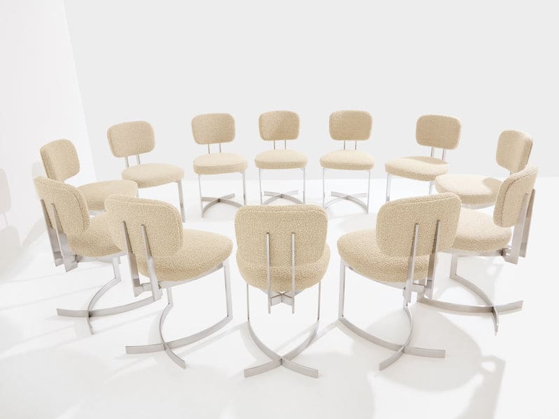 Set de 12 chaises Paul Legeard en inox et laine bouclée, France 1970