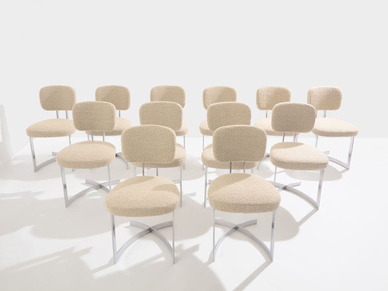 Set de 12 chaises Paul Legeard en inox et laine bouclée, France 1970