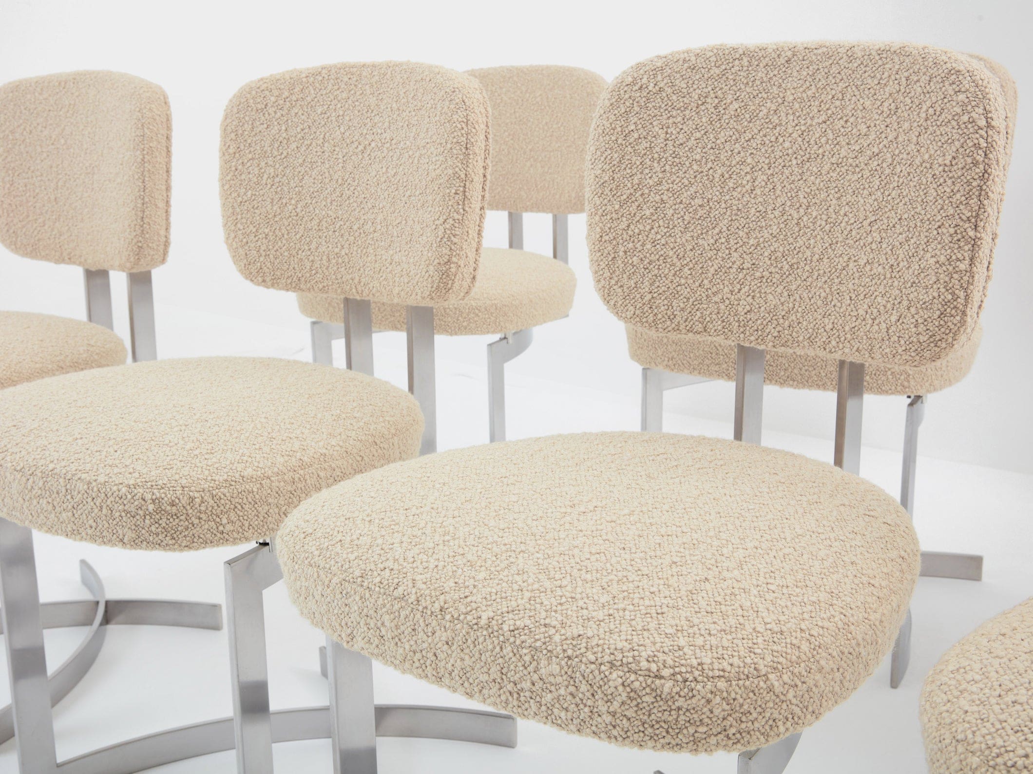 Set de 12 chaises Paul Legeard en inox et laine bouclée, France 1970