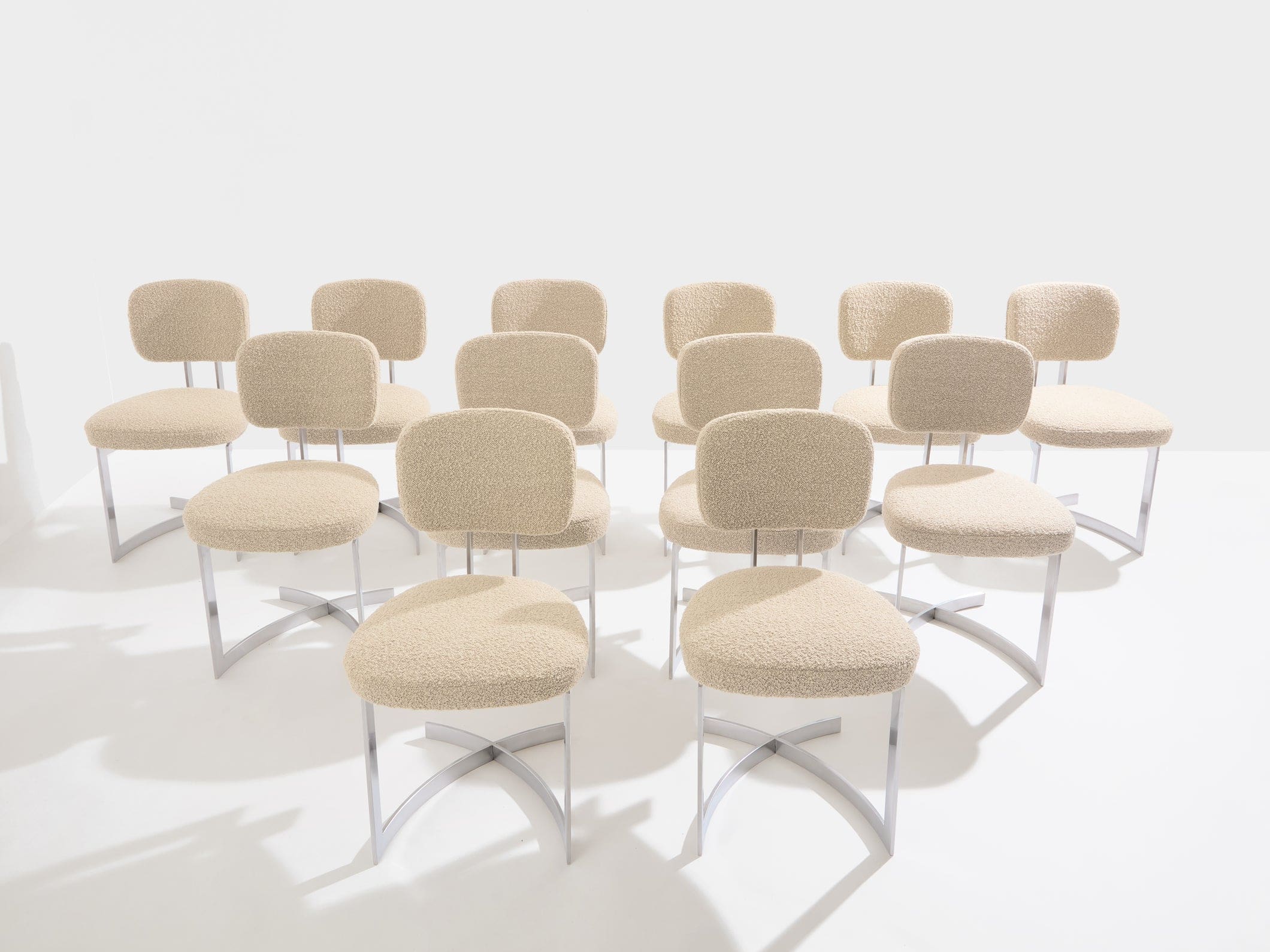 Set de 12 chaises Paul Legeard en inox et laine bouclée, France 1970