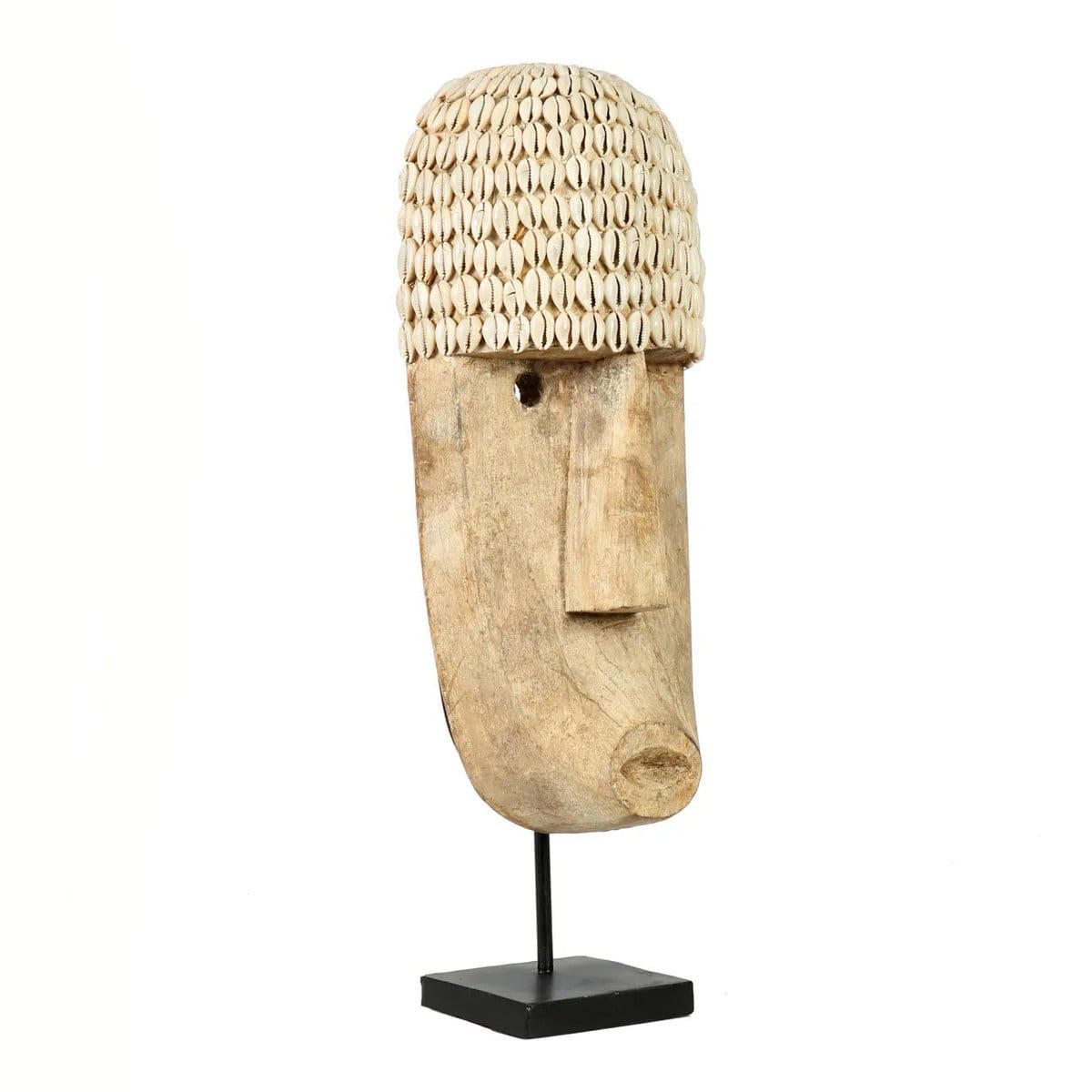 Masque ethnique indonésien – Création artisanale en bois et coquillages, sur socle – grand