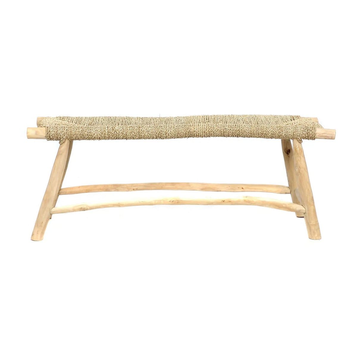 Banc bohème 110 cm – Structure en bois et fibre végétale tressée