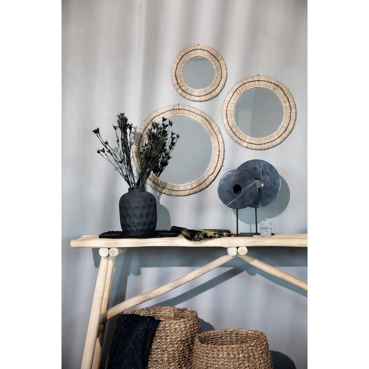 Miroir ethnique chic – Modèle Gajih en fibres naturelles et teintes contrastées (neuf) – S