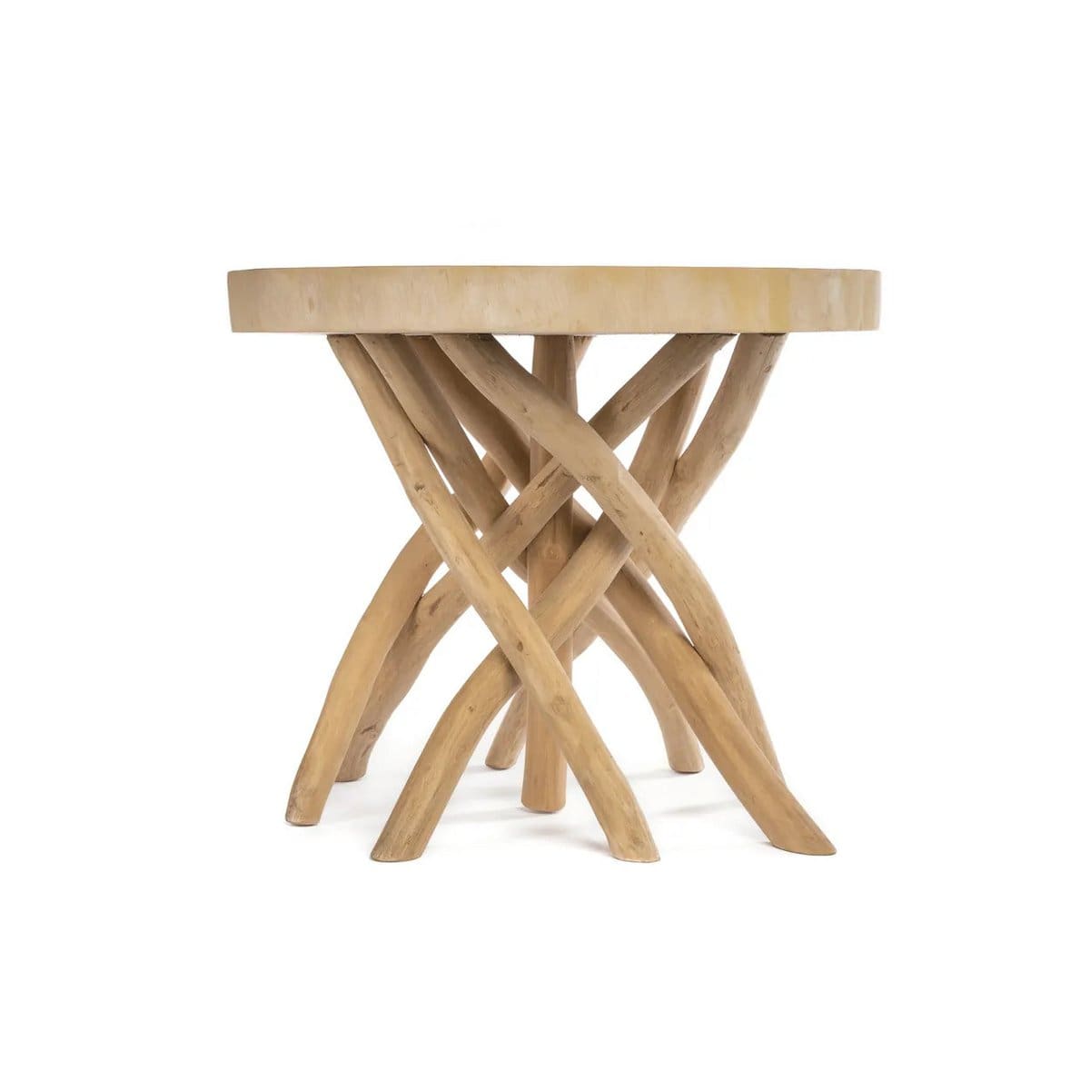 Table basse naturelle – Bois de teck sculpté et piétement entrelacé (pièce neuve)