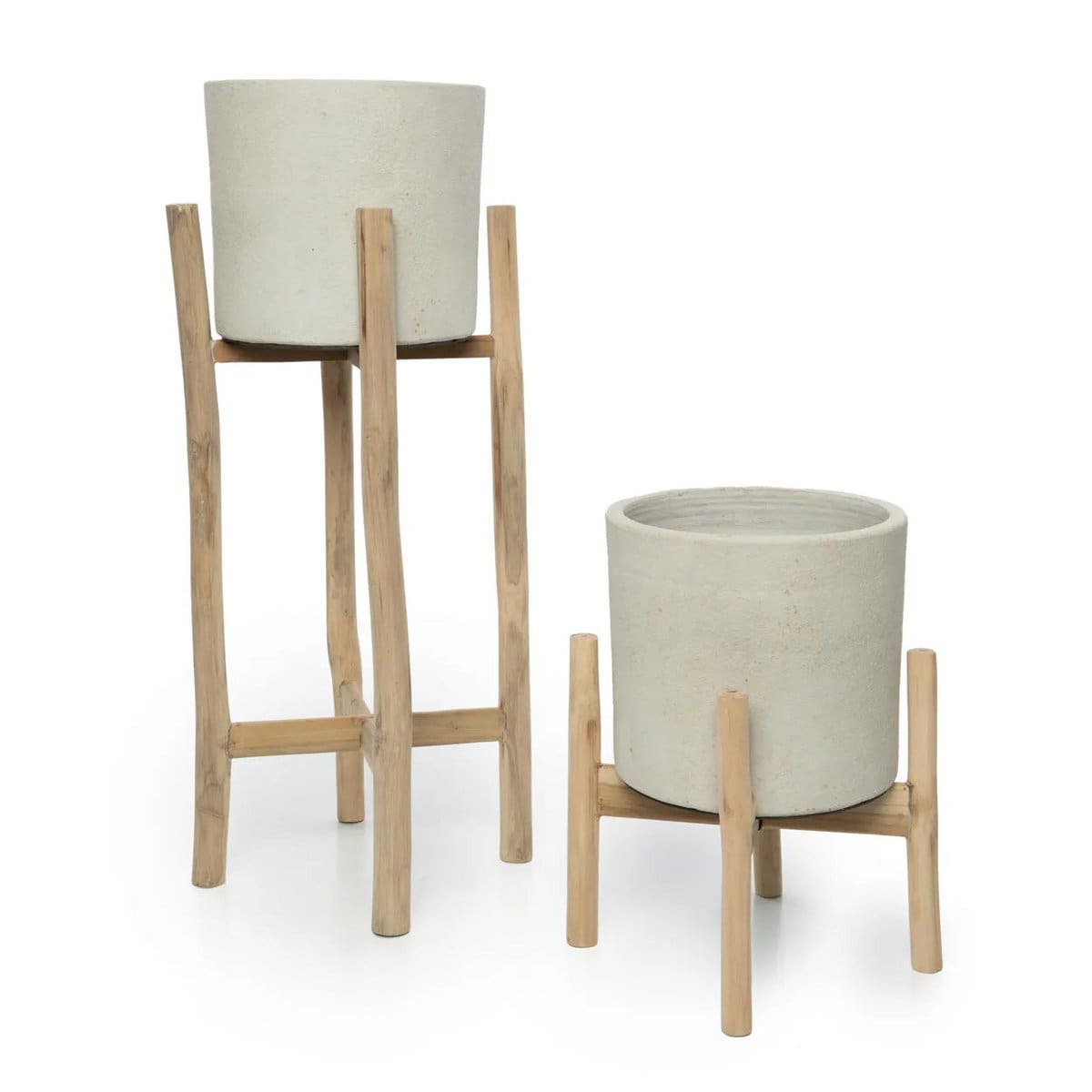 Jardinière design – Structure en teck brut & pot en béton texturé, création neuve de Bali – S