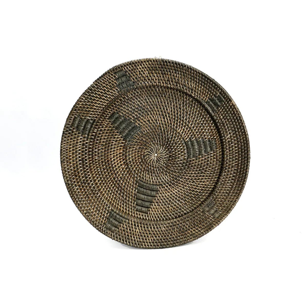Graphisme tribal – Assiette décorative murale en rotin noir et brun (création neuve) taille S