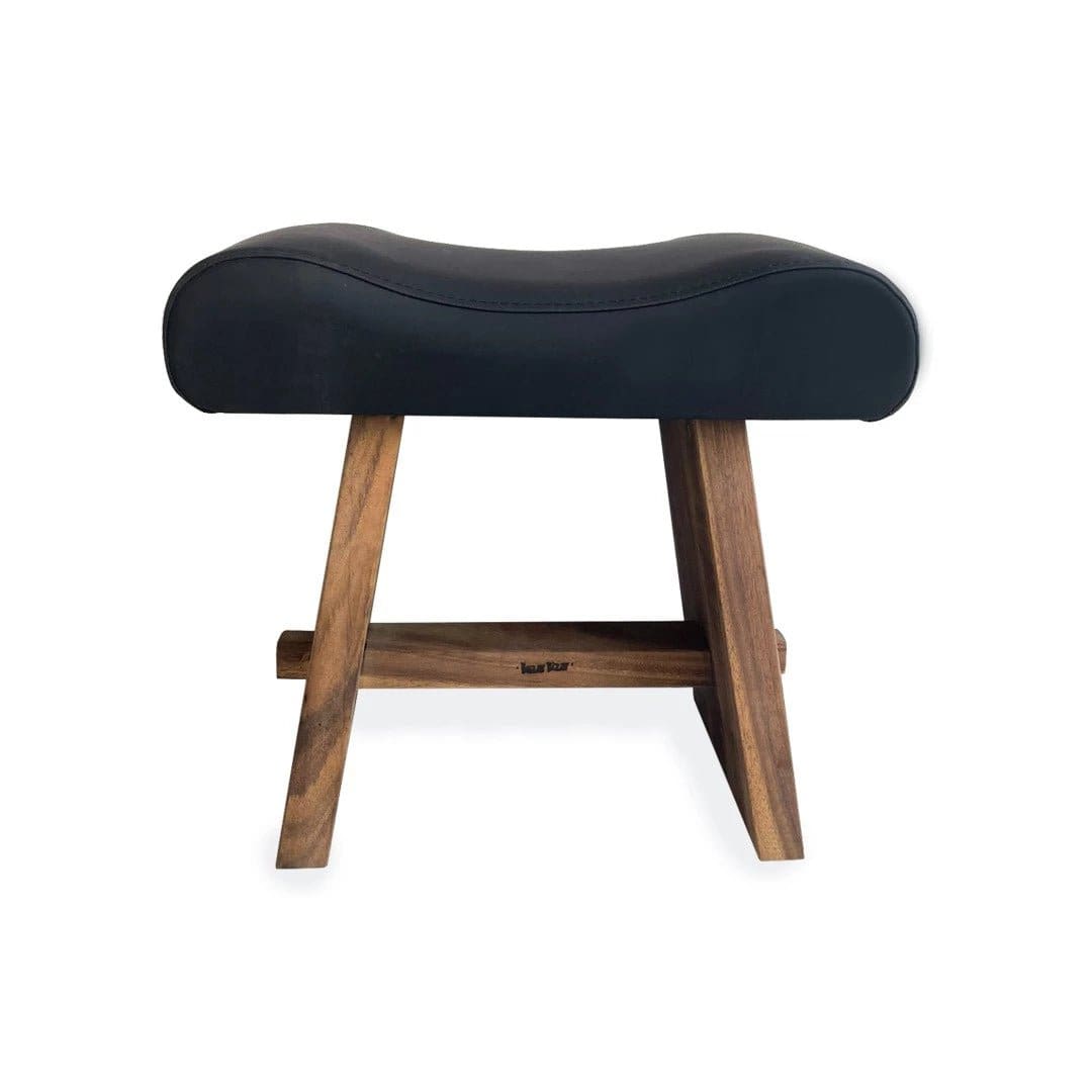 Tabouret en bois de suar et cuir noir – Design artisanal d’Indonésie (pièce neuve)