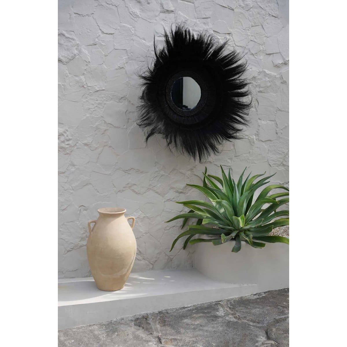 Miroir en fibres naturelles noires – Design sculptural noir profond, Ø90 cm (neuf)
