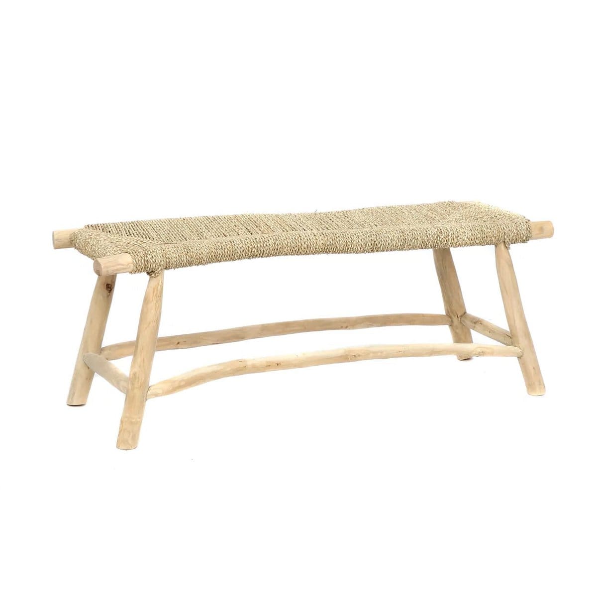 Banc bohème 110 cm – Structure en bois et fibre végétale tressée