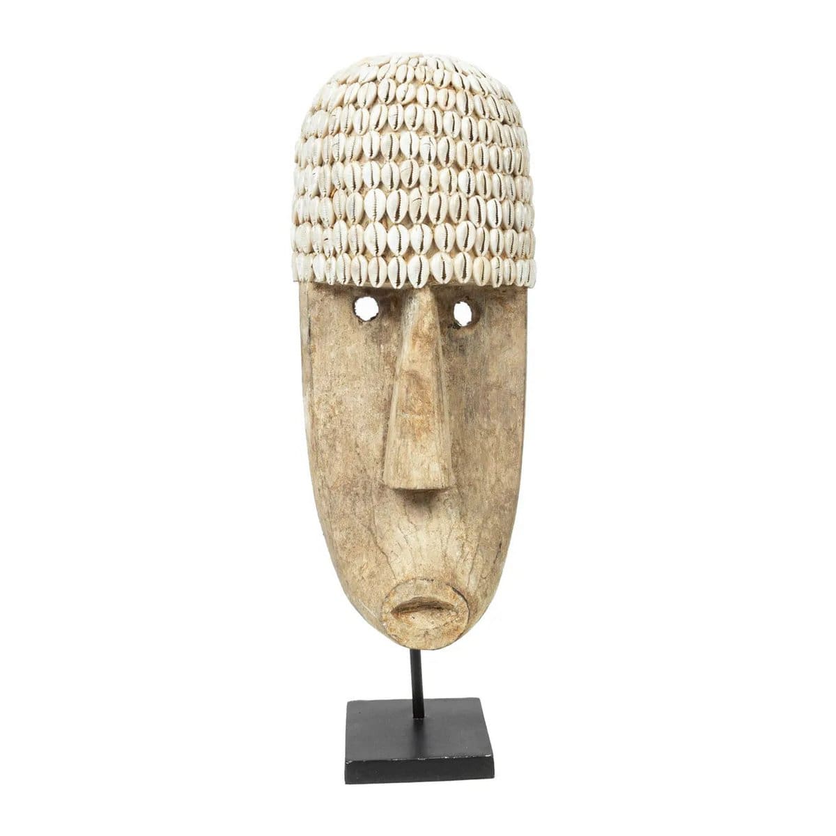 Masque ethnique indonésien – Création artisanale en bois et coquillages, sur socle – grand