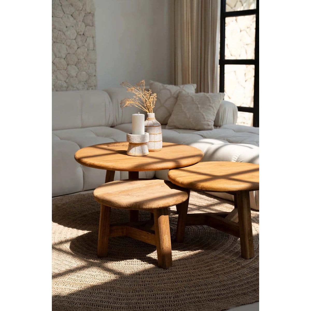 Table basse ronde en teck recyclé – Finition brute artisanale, L