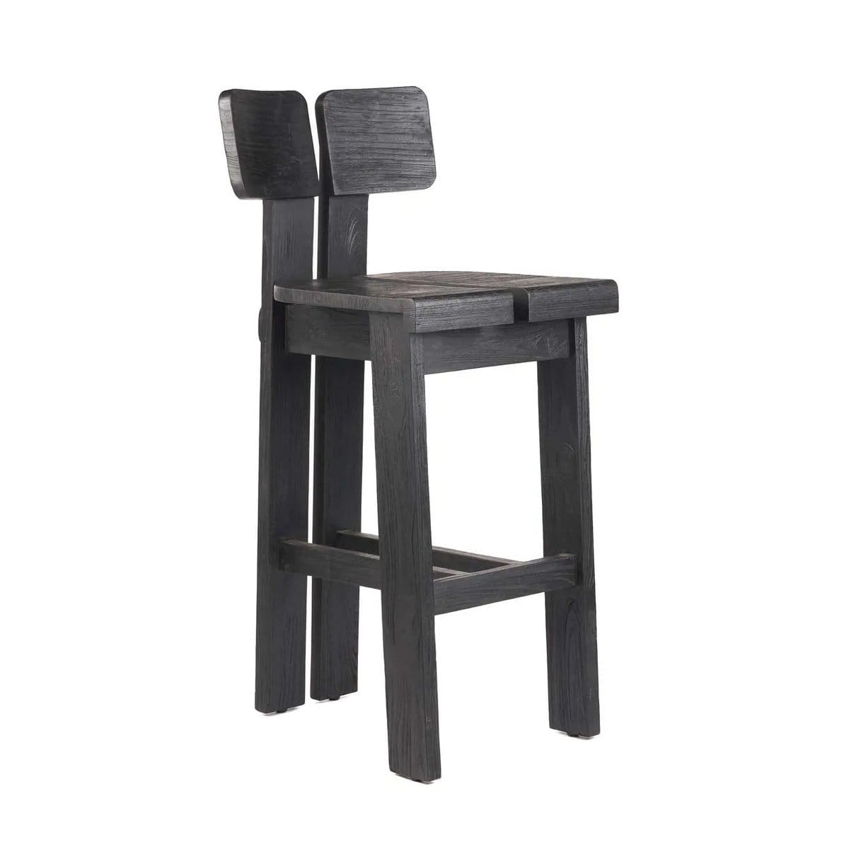 Dialogue Élégant – Tabouret en bois noir mat, design graphique indonésien