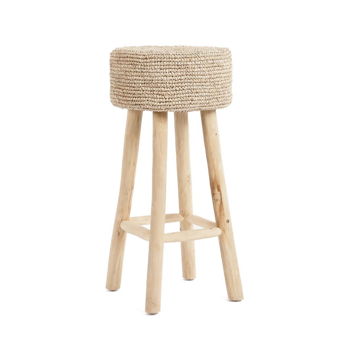 Tabouret de bar naturel – Bois de teck et assise en raphia tressé (pièce neuve)