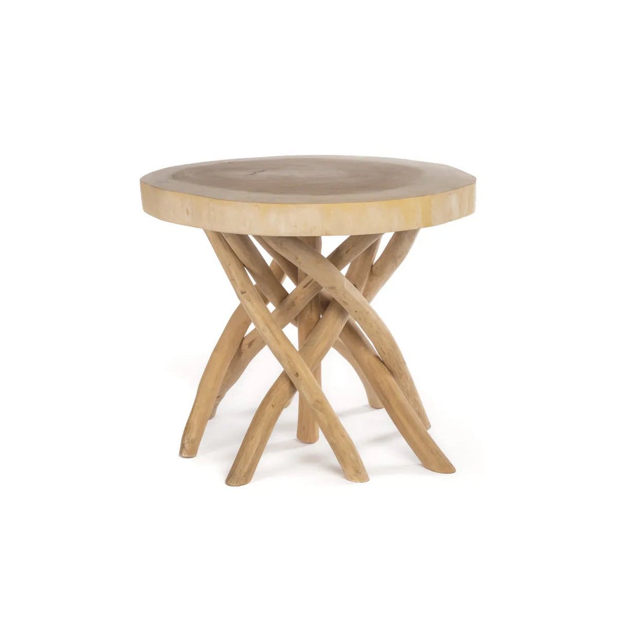 Table basse naturelle – Bois de teck sculpté et piétement entrelacé (pièce neuve)