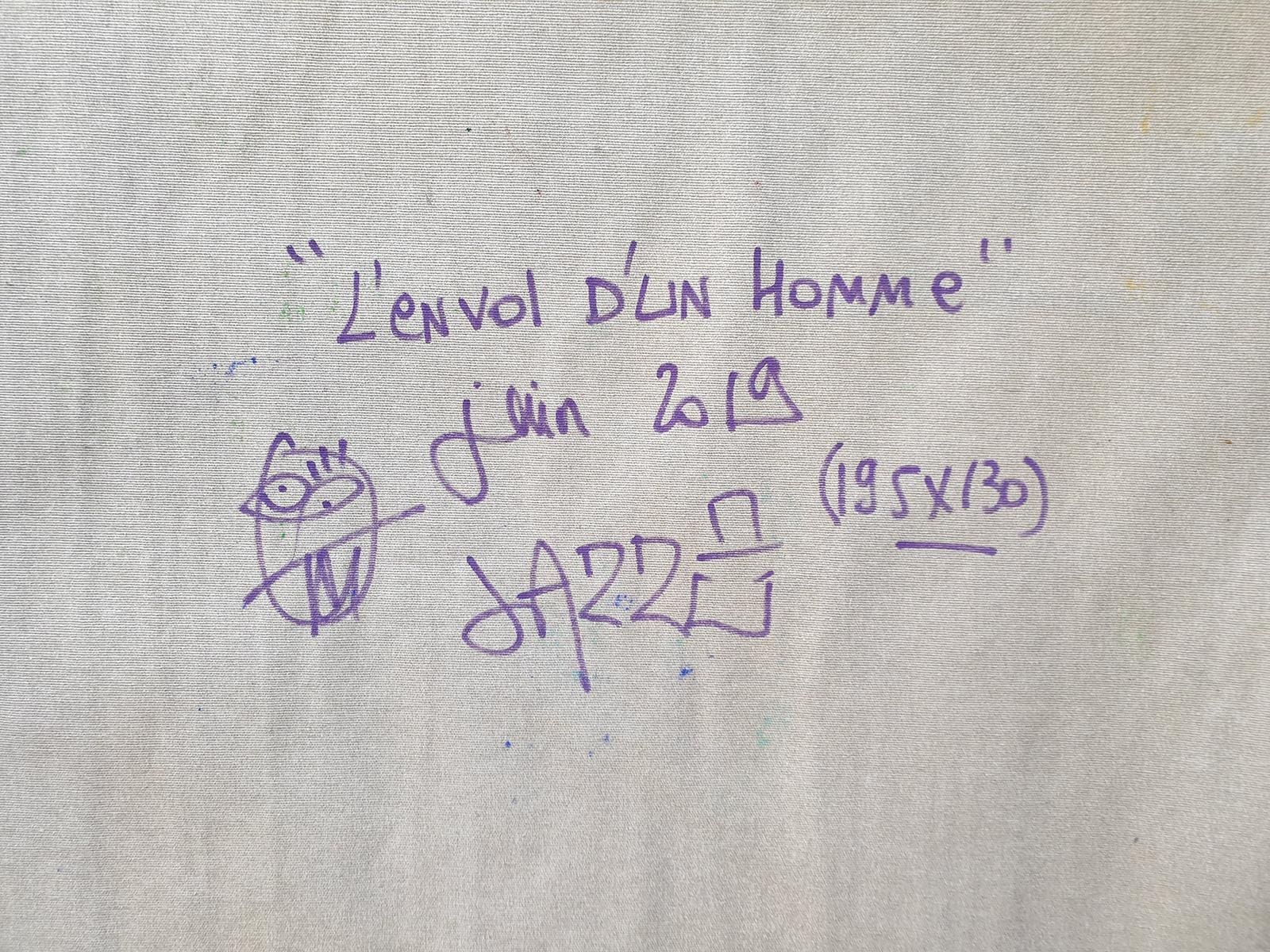 L’envol d’un Homme – Peinture de Jazzu (2019), techniques mixtes sur toile monumentale