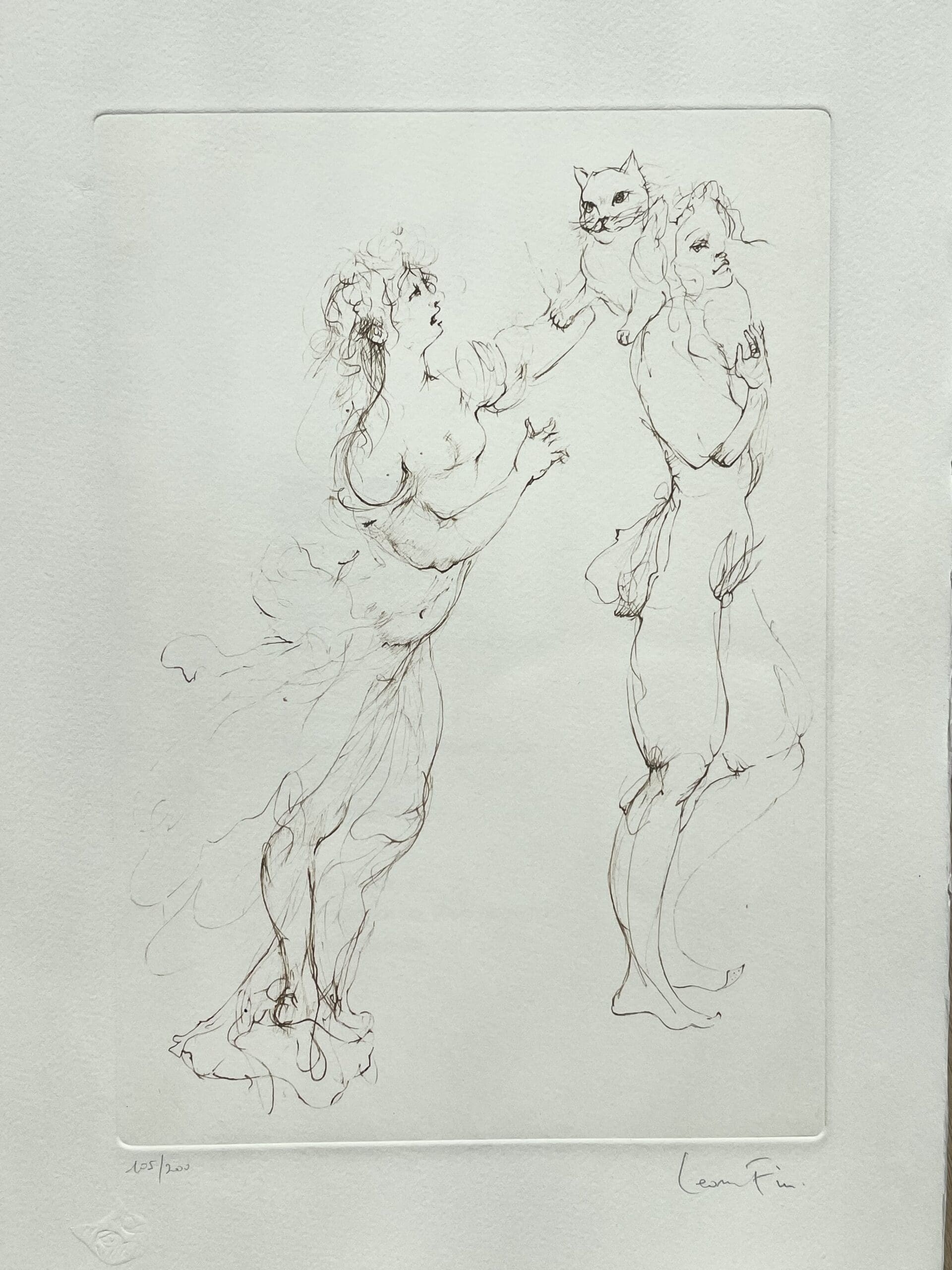 Leonor Fini – Lithographie originale signée avec personnages et chat, épreuve d’artiste, circa 1980