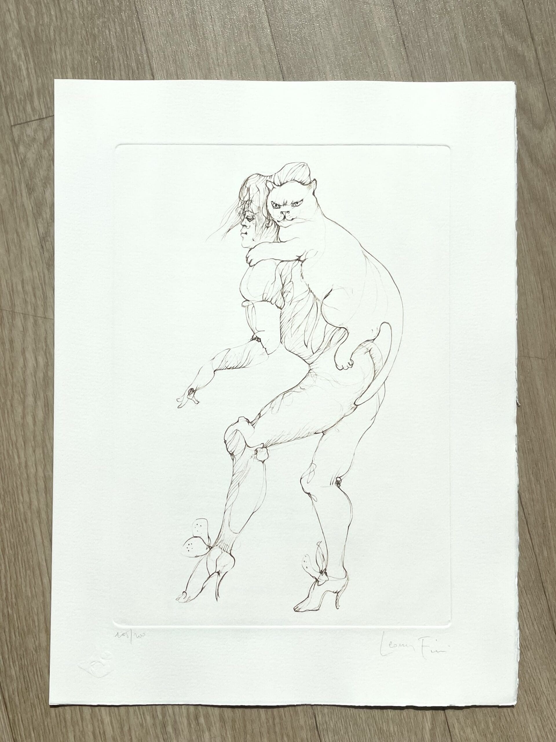 Leonor Fini – Lithographie originale signée, femme et chat en fusion, circa 1980