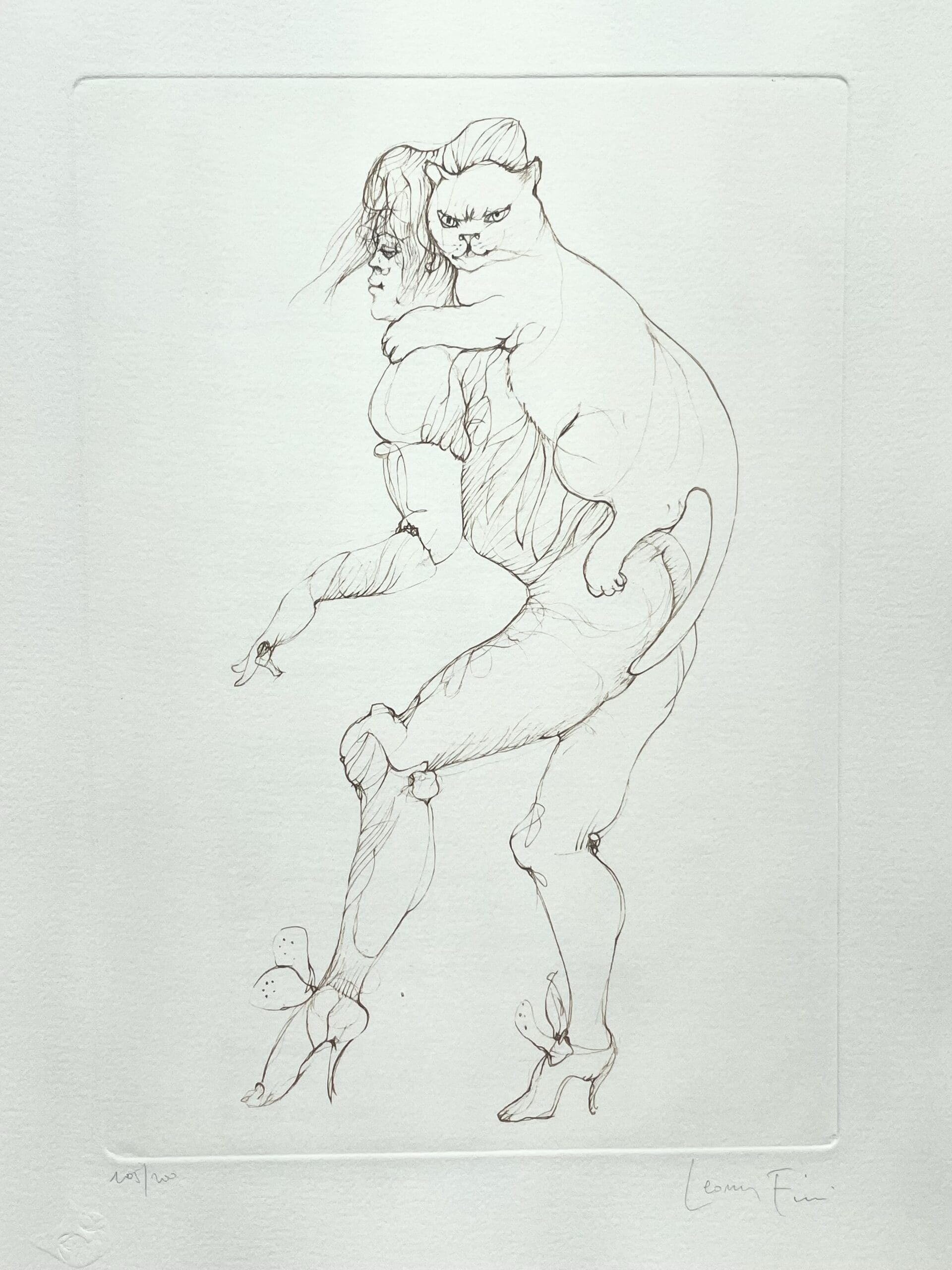 Leonor Fini – Lithographie originale signée, femme et chat en fusion, circa 1980
