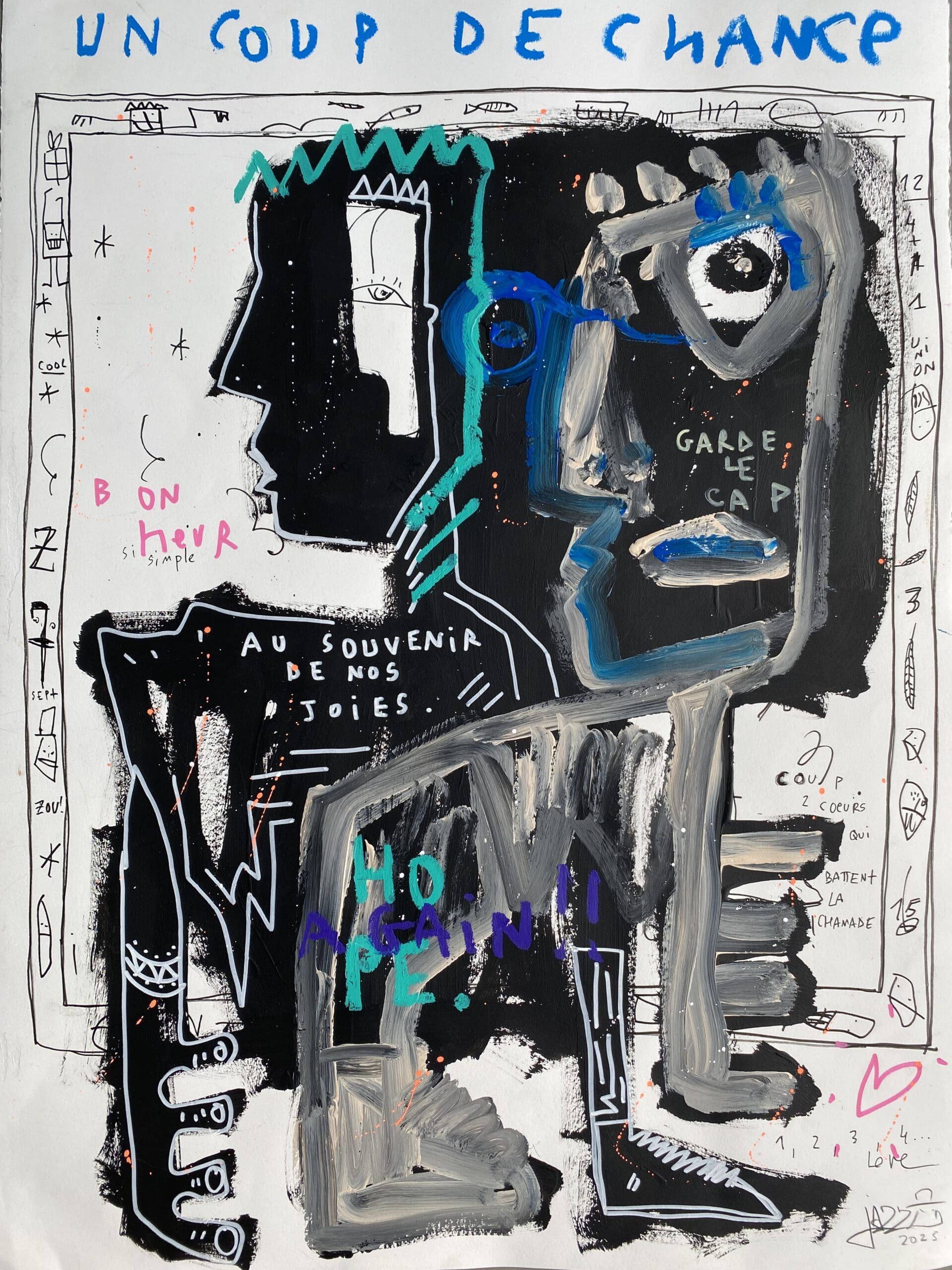 Tableau contemporain signé Jazzu – « Coup de chance » – Art urbain et introspection (2025)