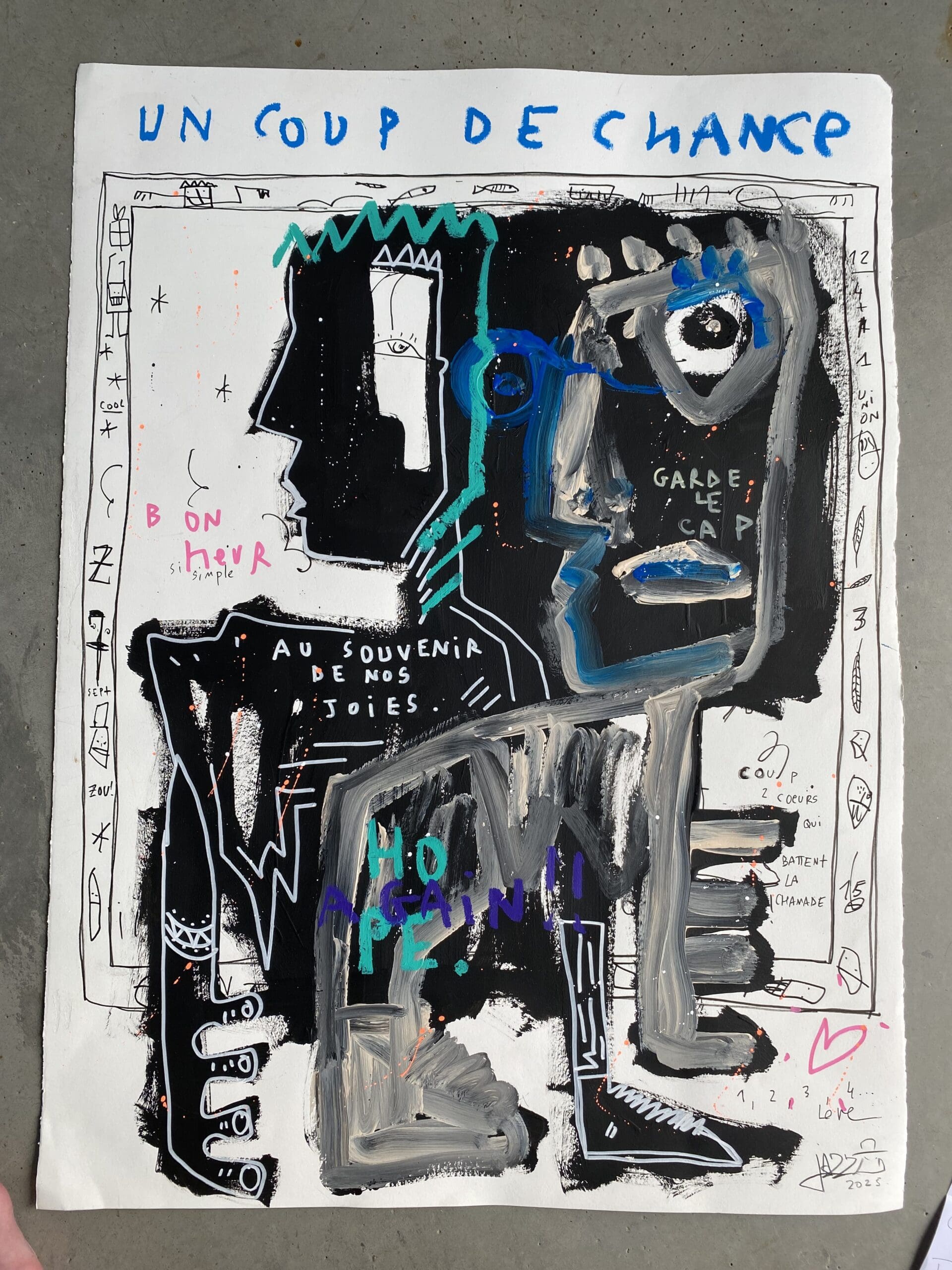 Tableau contemporain signé Jazzu – « Coup de chance » – Art urbain et introspection (2025)