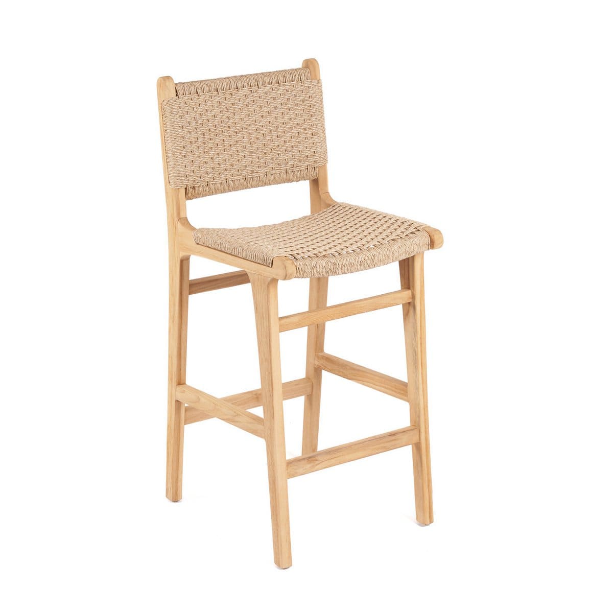 Tabouret de bar Meno – Création neuve pour l’extérieur en teck et corde Viro, esprit bord de mer