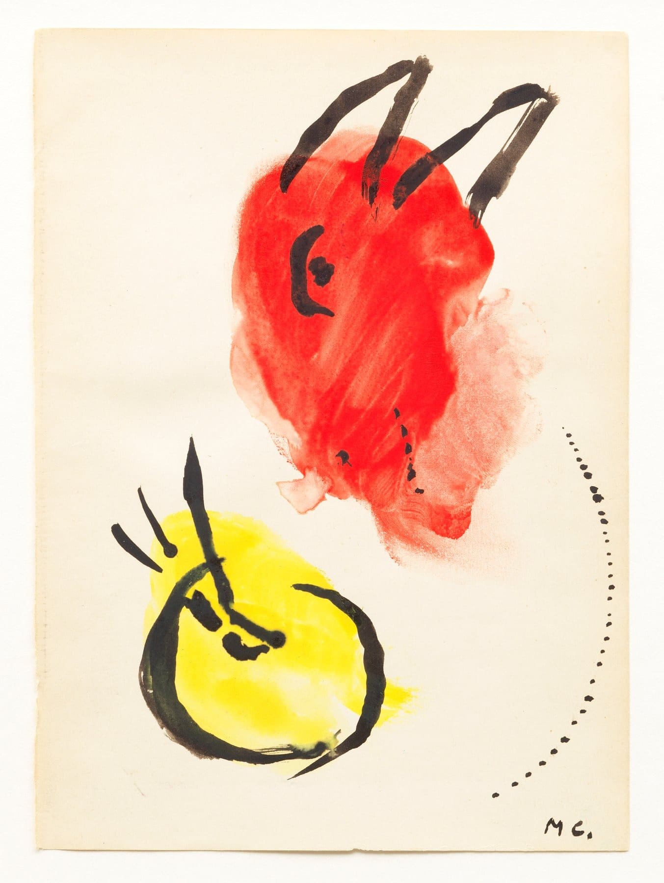 Marc Chagall – Bouc-peintre en rouge et palette jaune, gouache originale, 1951