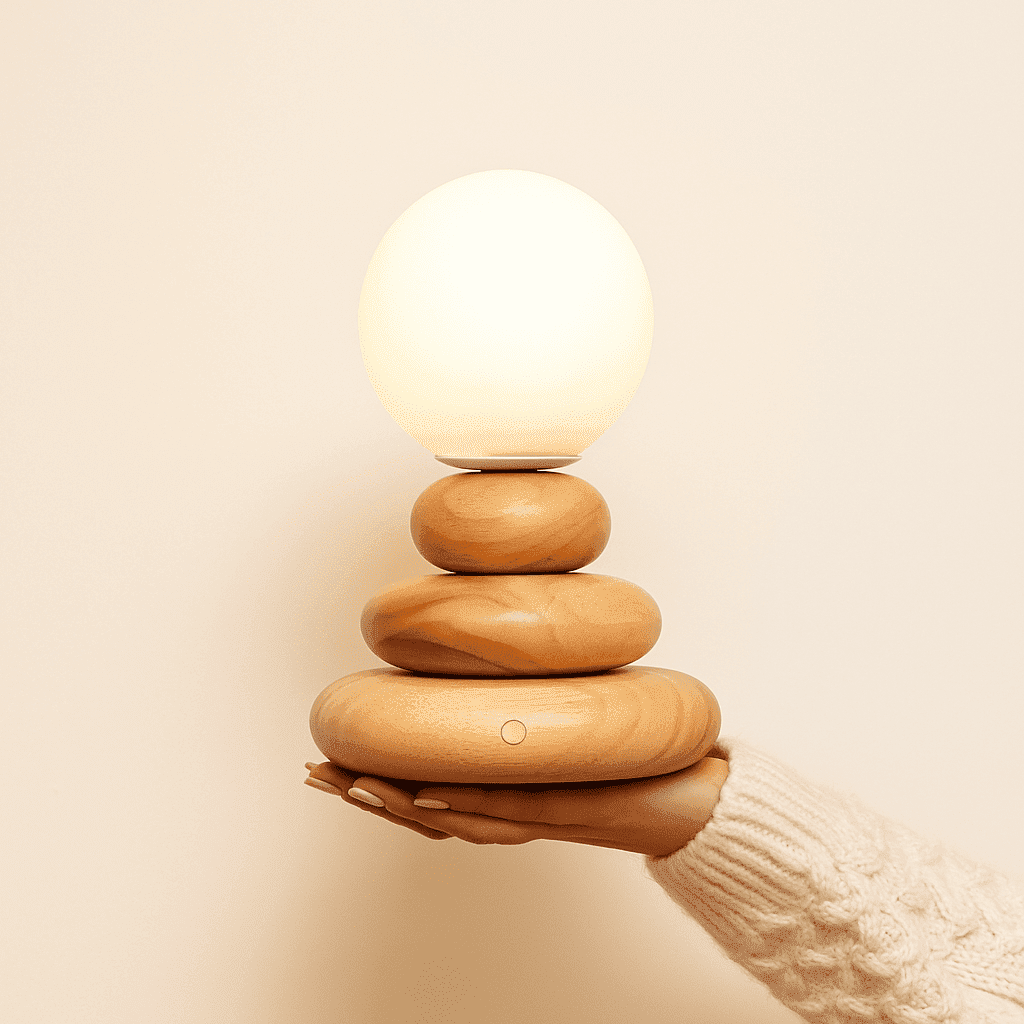 Lumière en Équilibre – Lampe rechargeable Isabella en bois caoutchouc et verre, design artisanal neuf