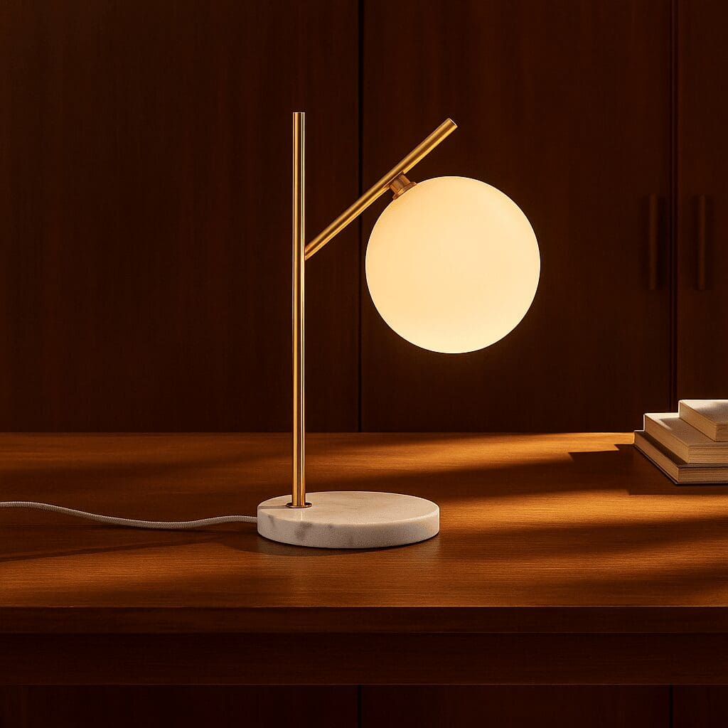 Pureté minérale – Lampe neuve Madison en marbre et métal avec globe en verre dépoli