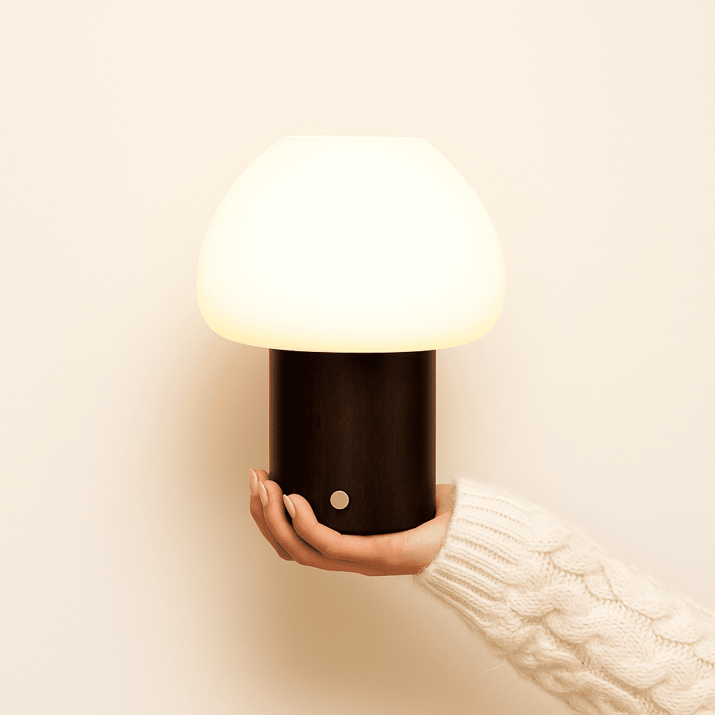 Fynn – Lampe rechargeable et dimmable en bois marron foncé et verre givré