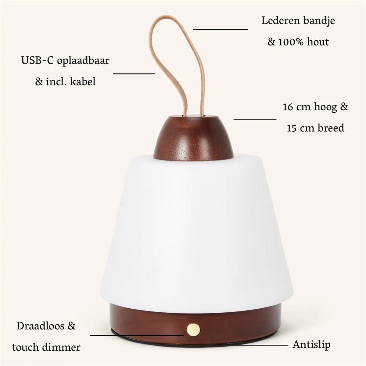 Lumière Nomade – Lampe rechargeable Liv en bois et cuir, 3 modes d’éclairage