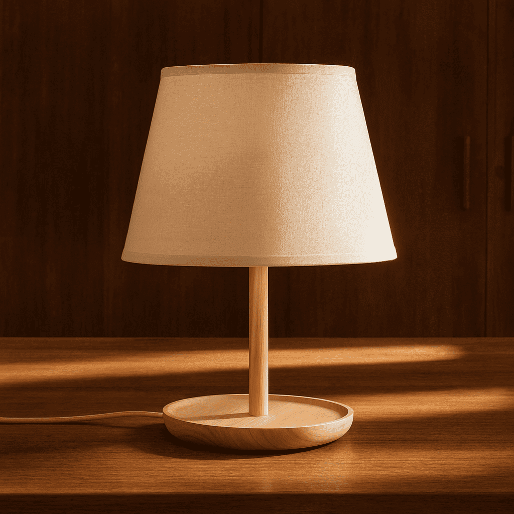 Lumière authentique – Lampe Emily avec base boisée et abat-jour crème (édition neuve)