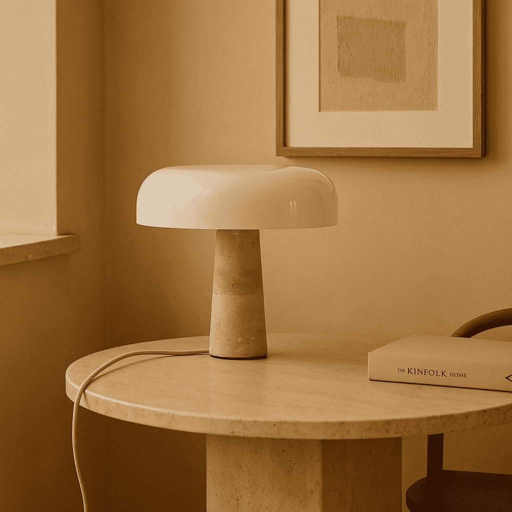 Lampe en travertin Emily – Design élégant fait à la main avec abat-jour en verre (pièce neuve)