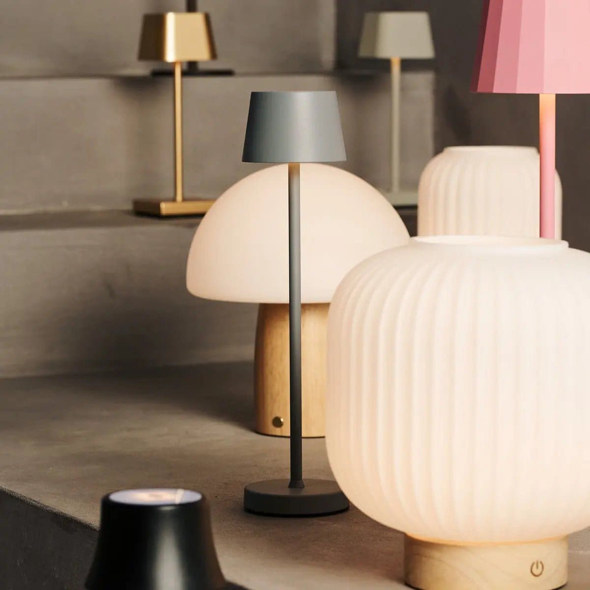 Fynn – Lampe rechargeable et dimmable en bois marron foncé et verre givré