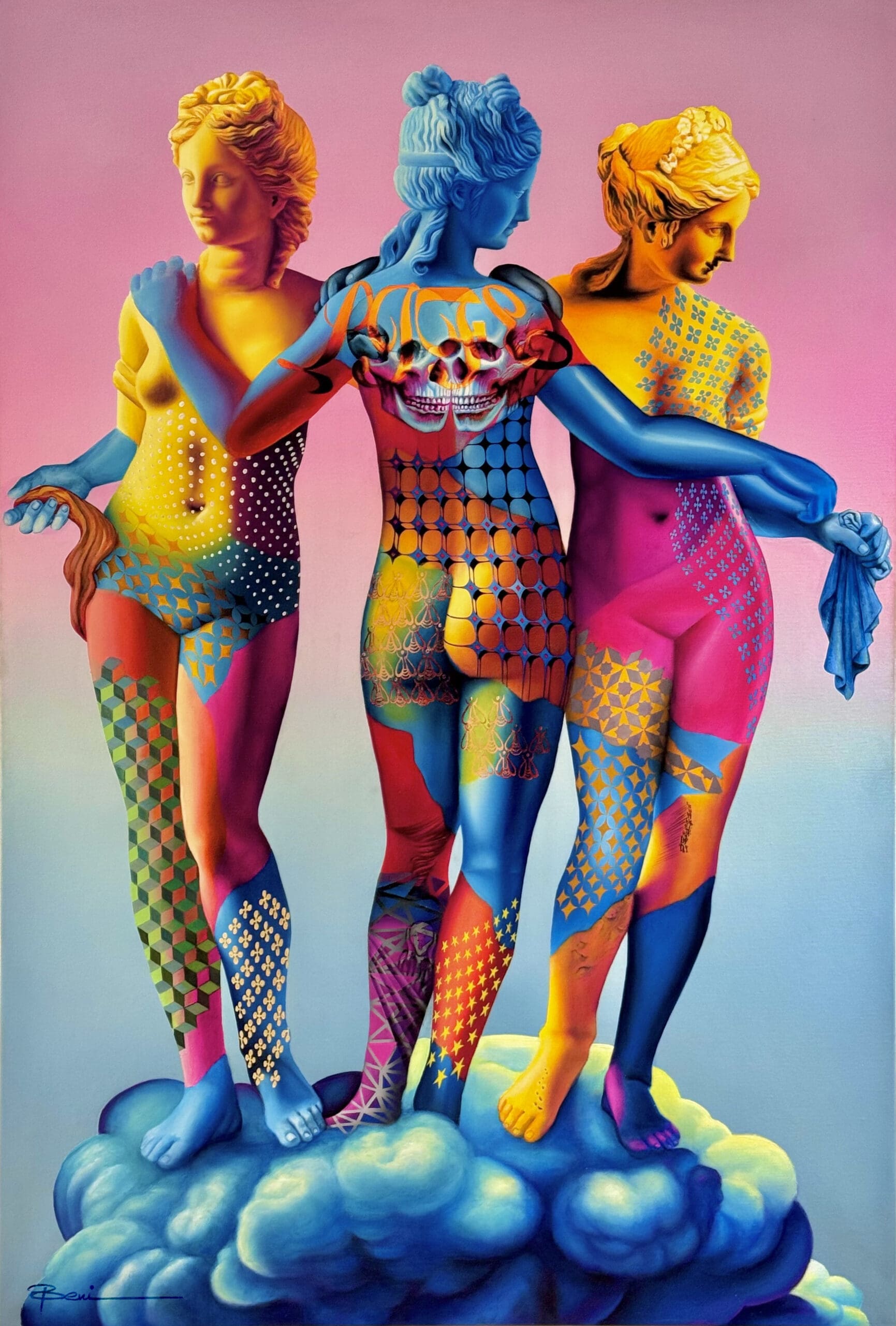 Les Trois Grâces – Peinture Beni à l’huile et feuilles d’or – Œuvre originale