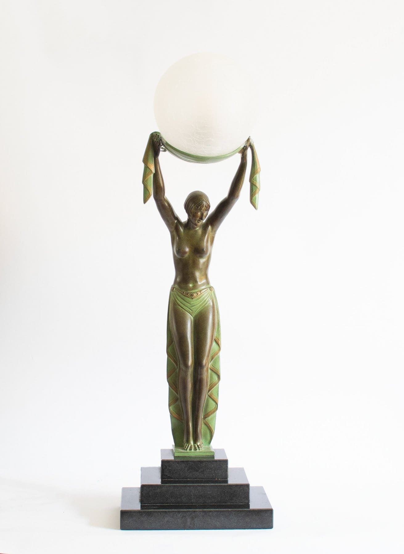 Lampe sculpture Art Déco « Vérité » – Fayral pour Max Le Verrier – 68 cm – Métal patiné & marbre