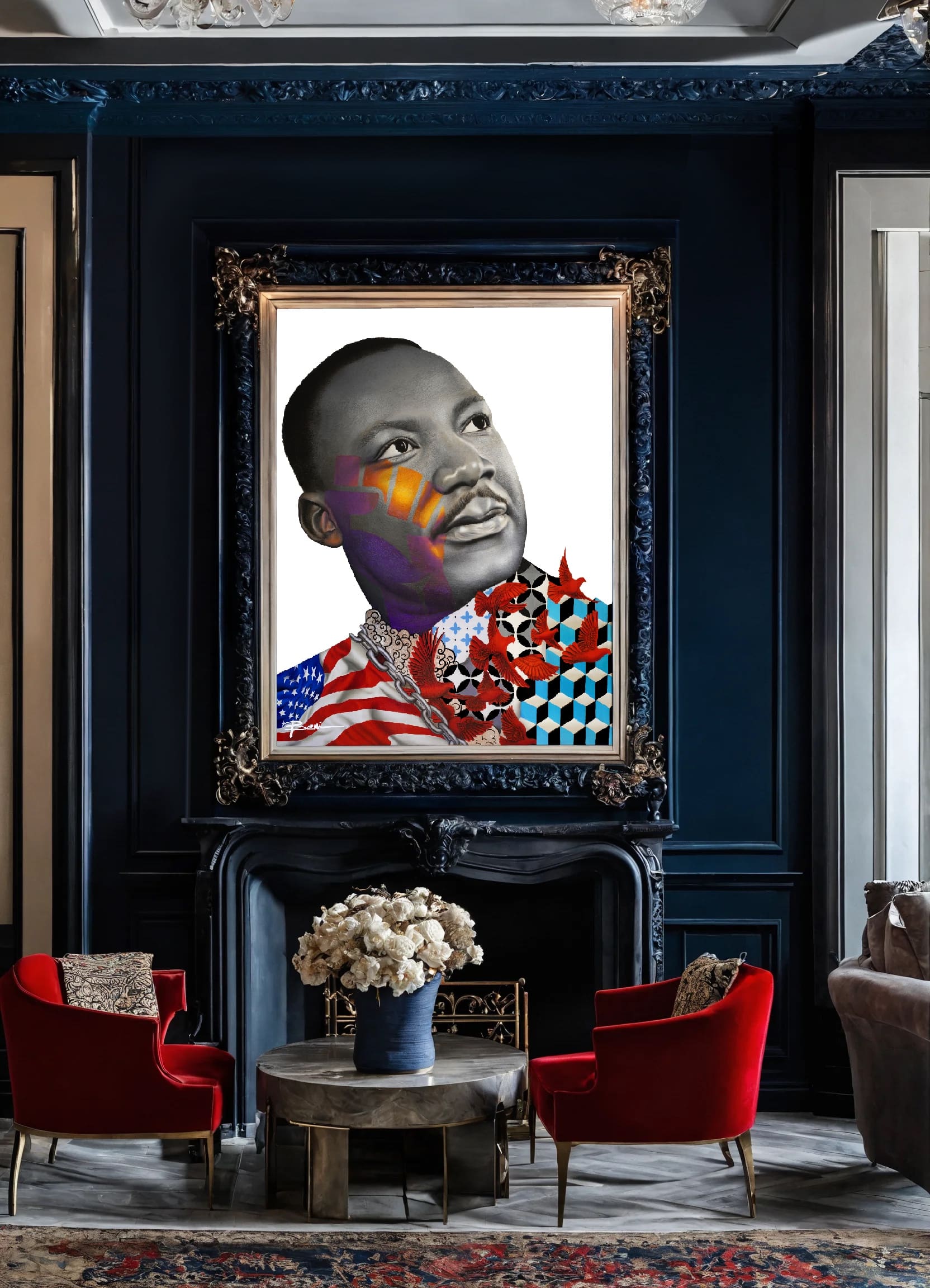 Martin Luther King – Peinture Beni à l’huile et feuilles d’argent – Œuvre unique