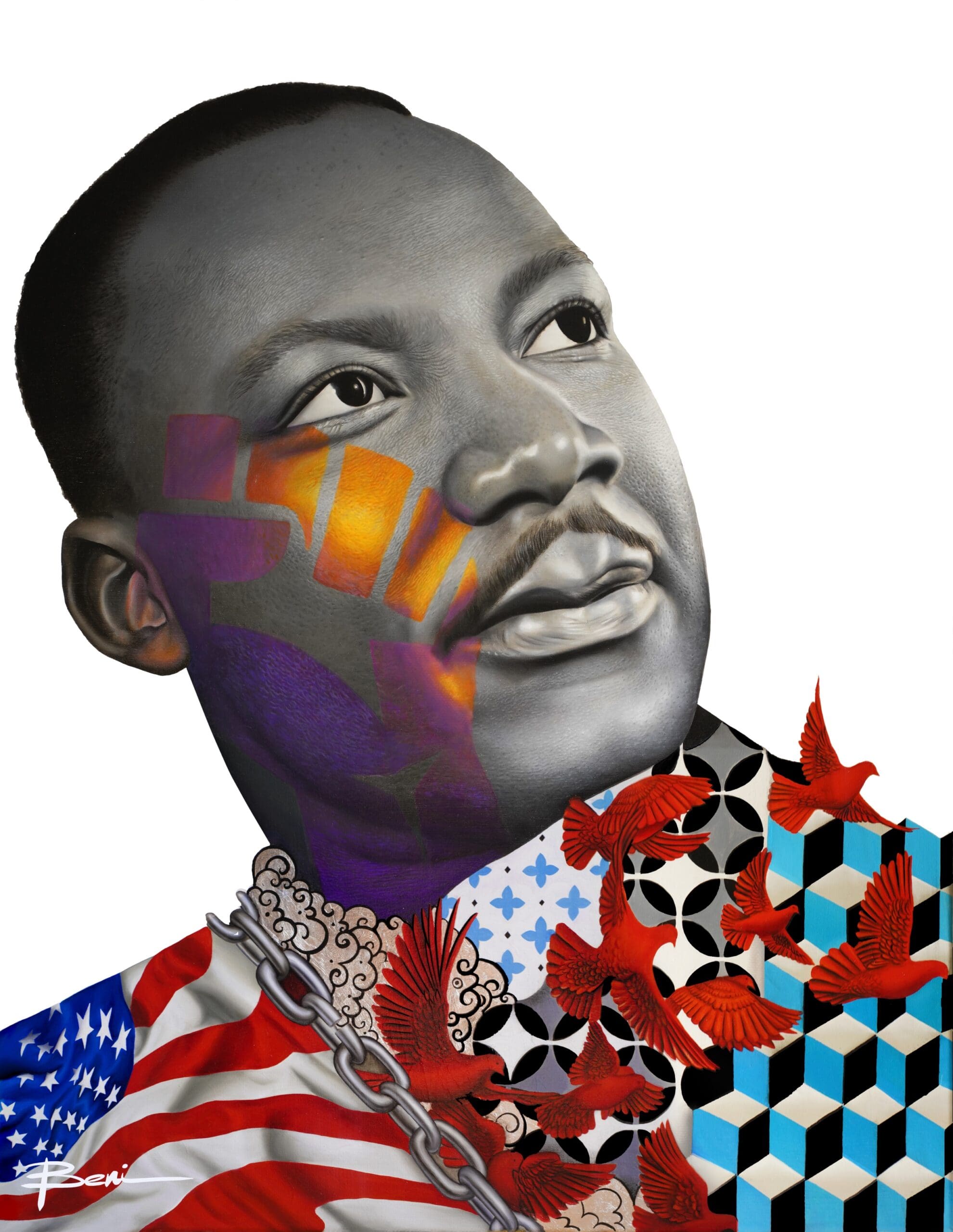 Martin Luther King – Peinture Beni à l’huile et feuilles d’argent – Œuvre unique