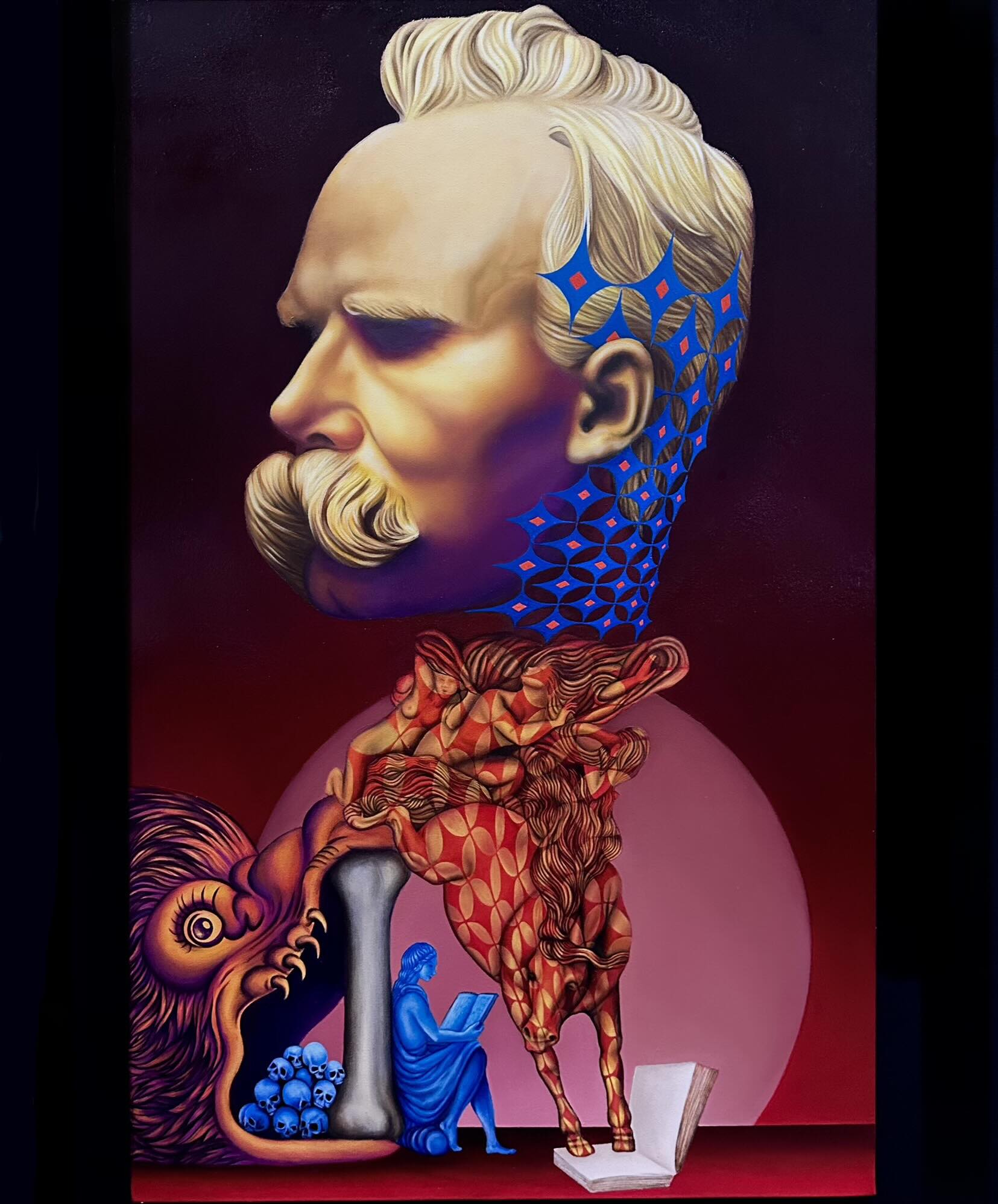 Nietzsche – Peinture Beni à l’huile et feuilles d’or, œuvre unique (2023)