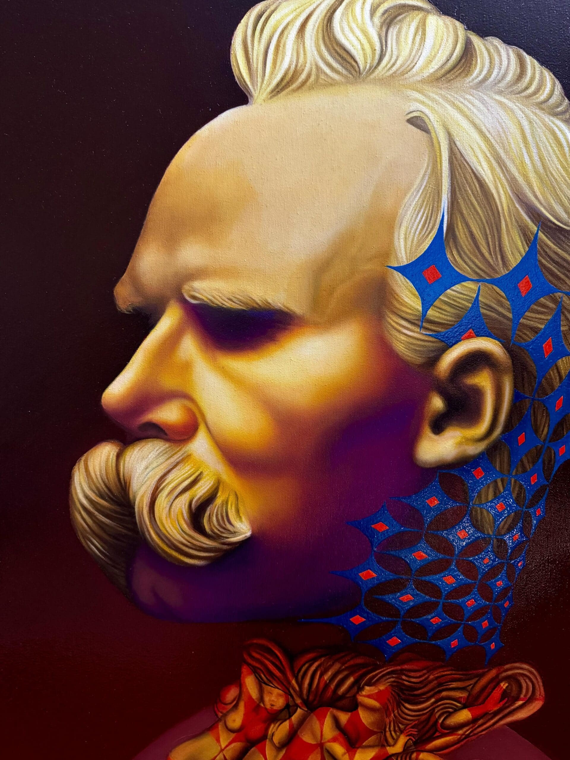 Nietzsche – Peinture Beni à l’huile et feuilles d’or, œuvre unique (2023)