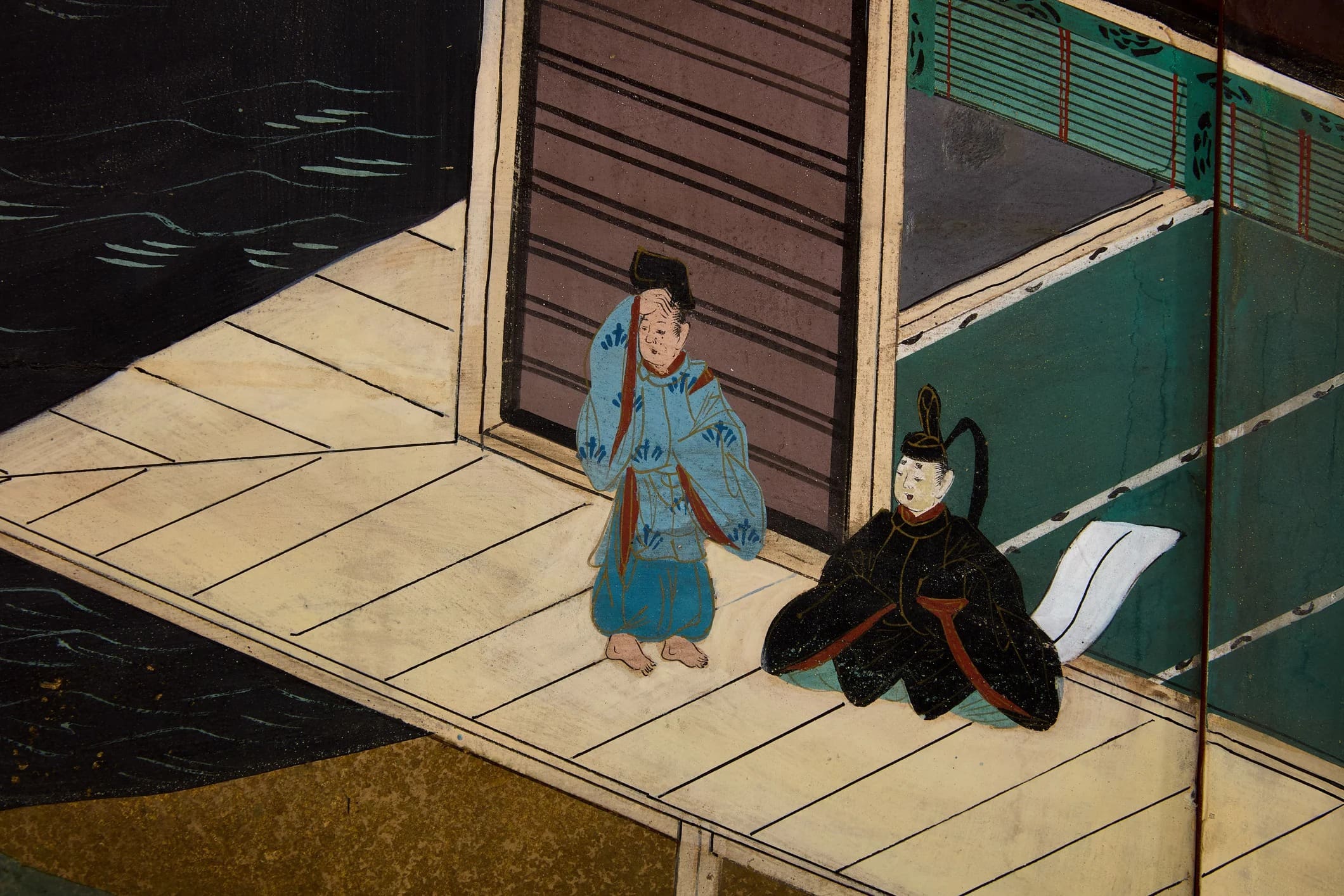 Paravent japonais ancien Byōbu Edo – Scène du Dit du Genji – XIXe siècle
