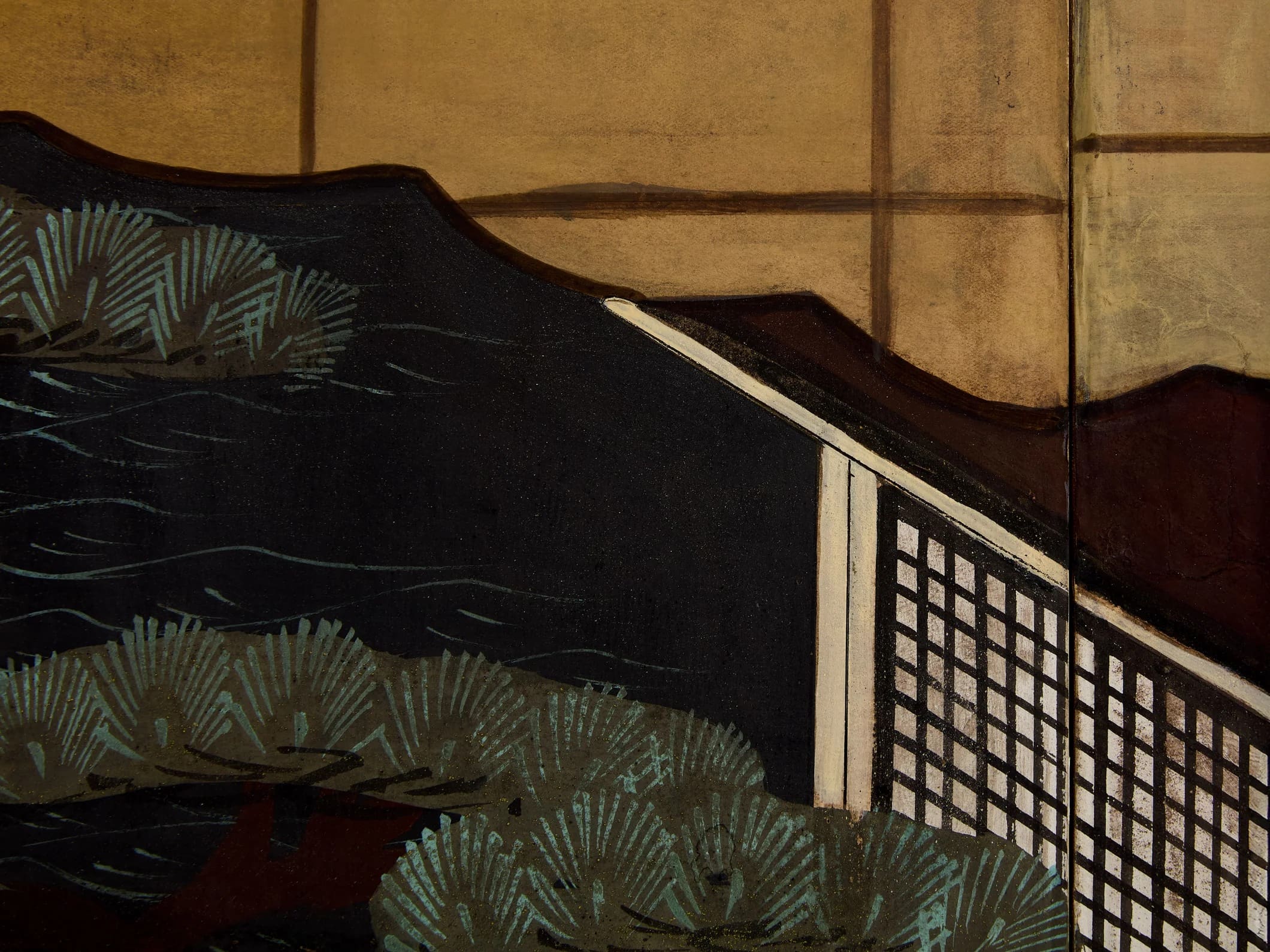 Paravent japonais ancien Byōbu Edo – Scène du Dit du Genji – XIXe siècle