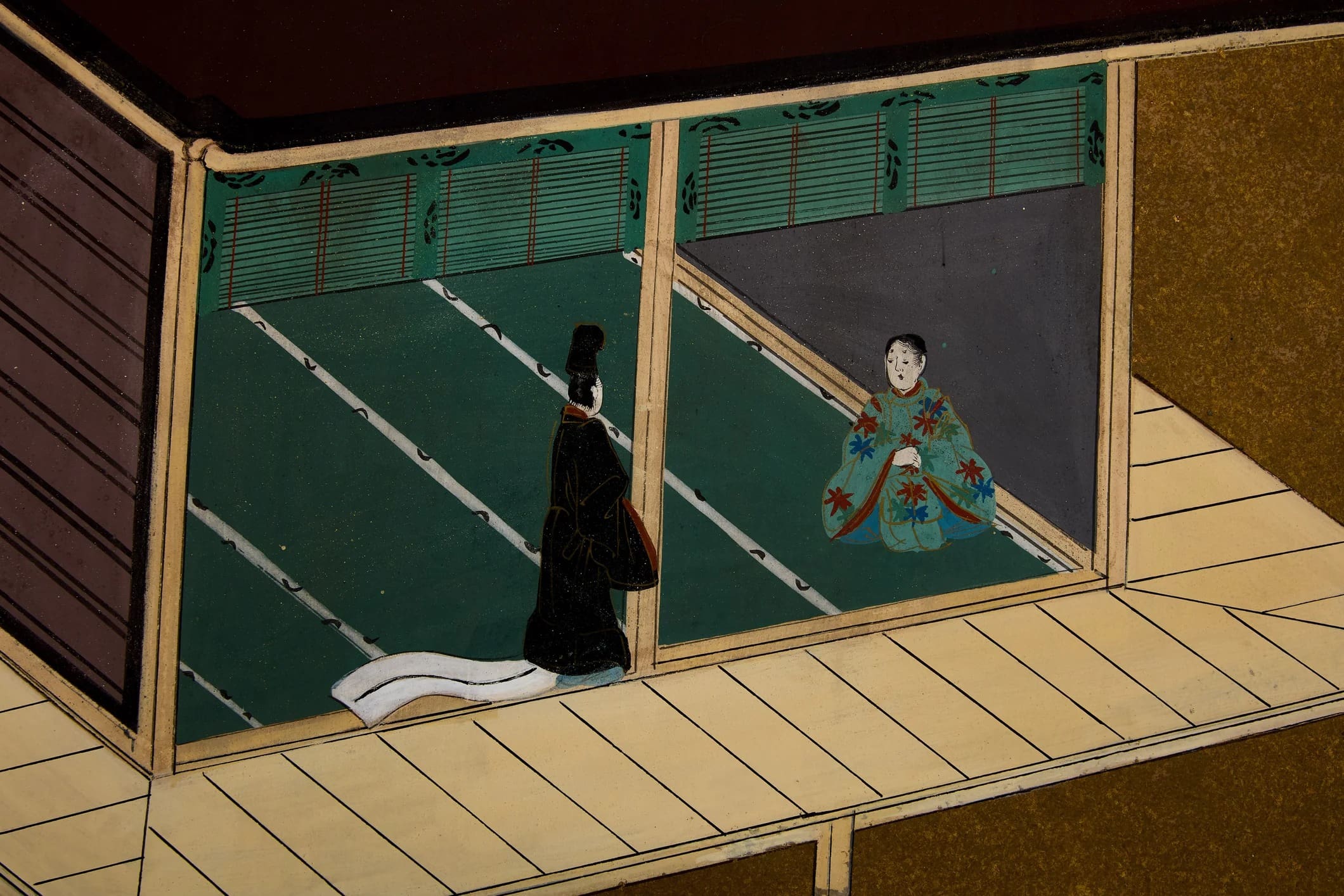 Paravent japonais ancien Byōbu Edo – Scène du Dit du Genji – XIXe siècle
