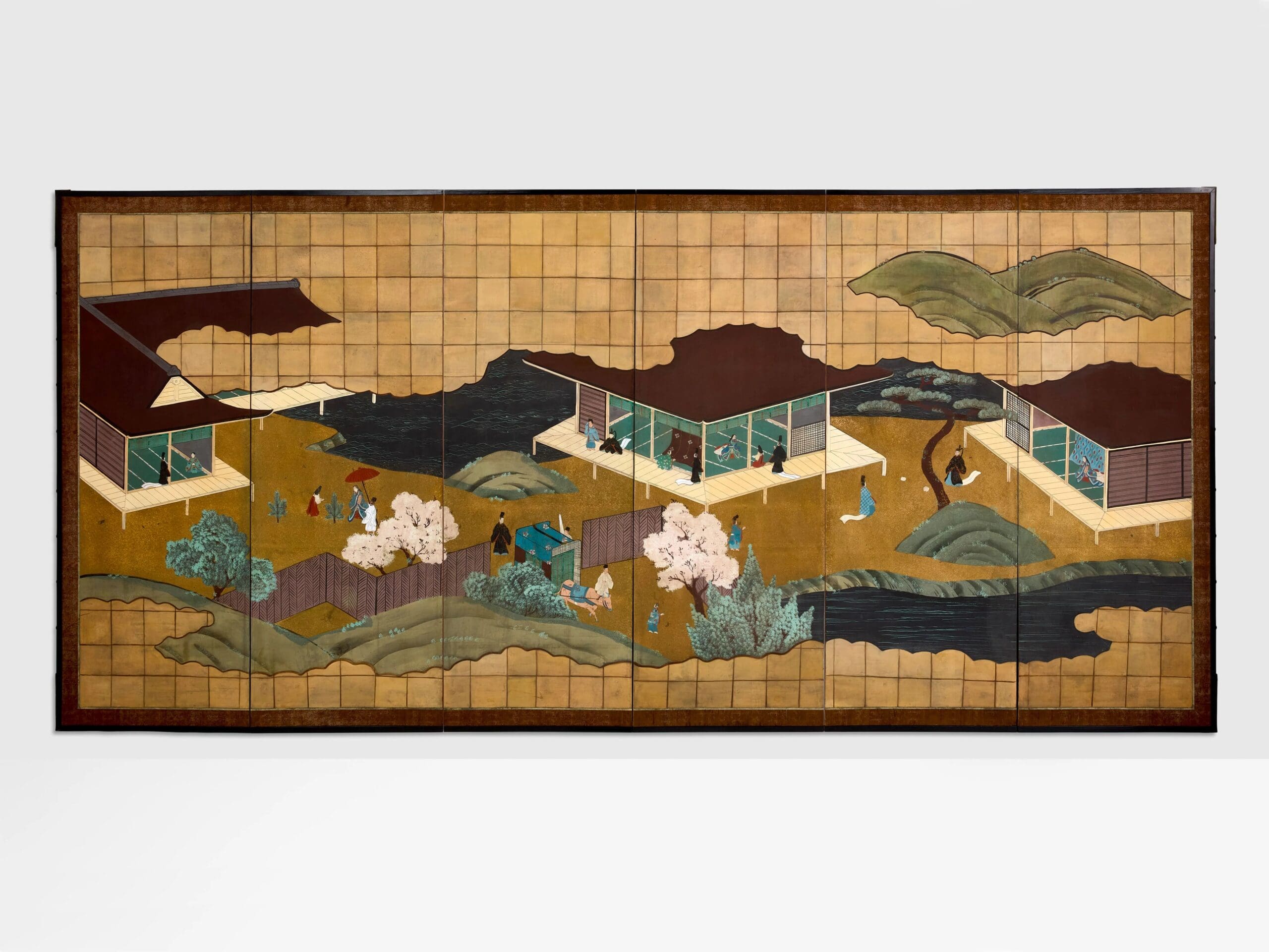 Paravent japonais ancien Byōbu Edo – Scène du Dit du Genji – XIXe siècle