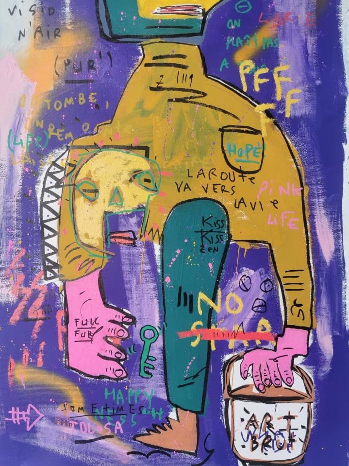Une route simple – Peinture Jazzu unique, art brut contemporain sur toile (2022)