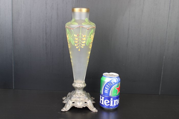 François-Théodore Legras - Vase - Grand vase floral Art Nouveau en verre épais émaillé peint. - Métal, Verre