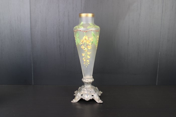 François-Théodore Legras - Vase - Grand vase floral Art Nouveau en verre épais émaillé peint. - Métal, Verre