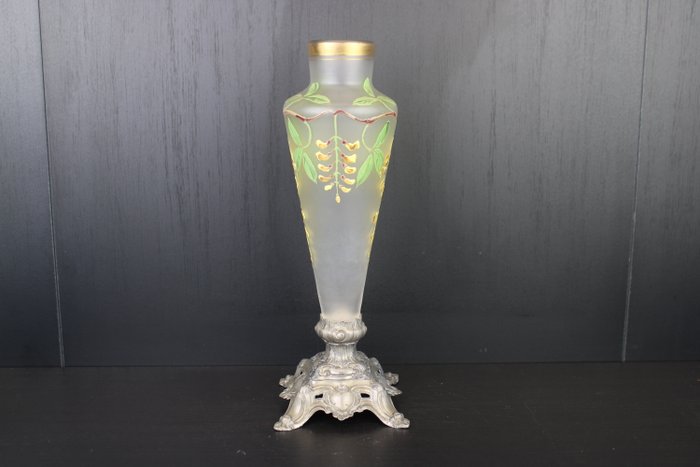 François-Théodore Legras - Vase - Grand vase floral Art Nouveau en verre épais émaillé peint. - Métal, Verre