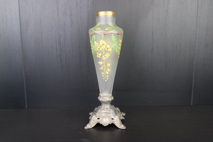 François-Théodore Legras - Vase - Grand vase floral Art Nouveau en verre épais émaillé peint. - Métal, Verre