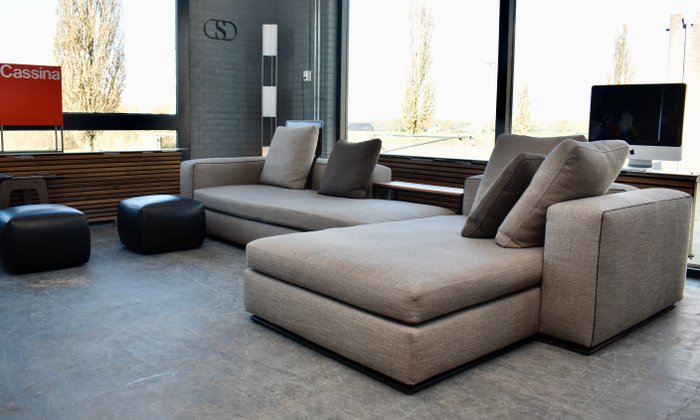 Minotti - Rodolfo Dordoni - Canapé (5) - Léonard - Salon - modulaire - zadelleder - Cuir naturel - table (2) - repose-pieds (2)
