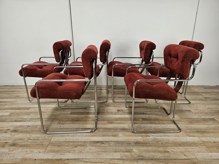Guido Faleschini - Chaise (6) - Quatre chaises de salle à manger Tucroma de Guido Faleschini pour les Mariani. - Métal, Textile